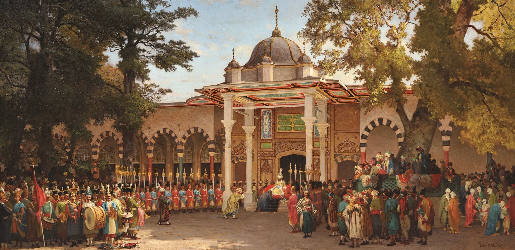 Germain Fabius Brest depicts a reception held in front of the Gate of Felicity in the second courtyard of the Topkapı Palace in his 1865-dated “Bayram Greetings Reception.