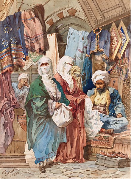  Maltese painter Amedeo Preziosi depicts two ladies shopping in his painting “Shoppers at Silk Bazaar.”